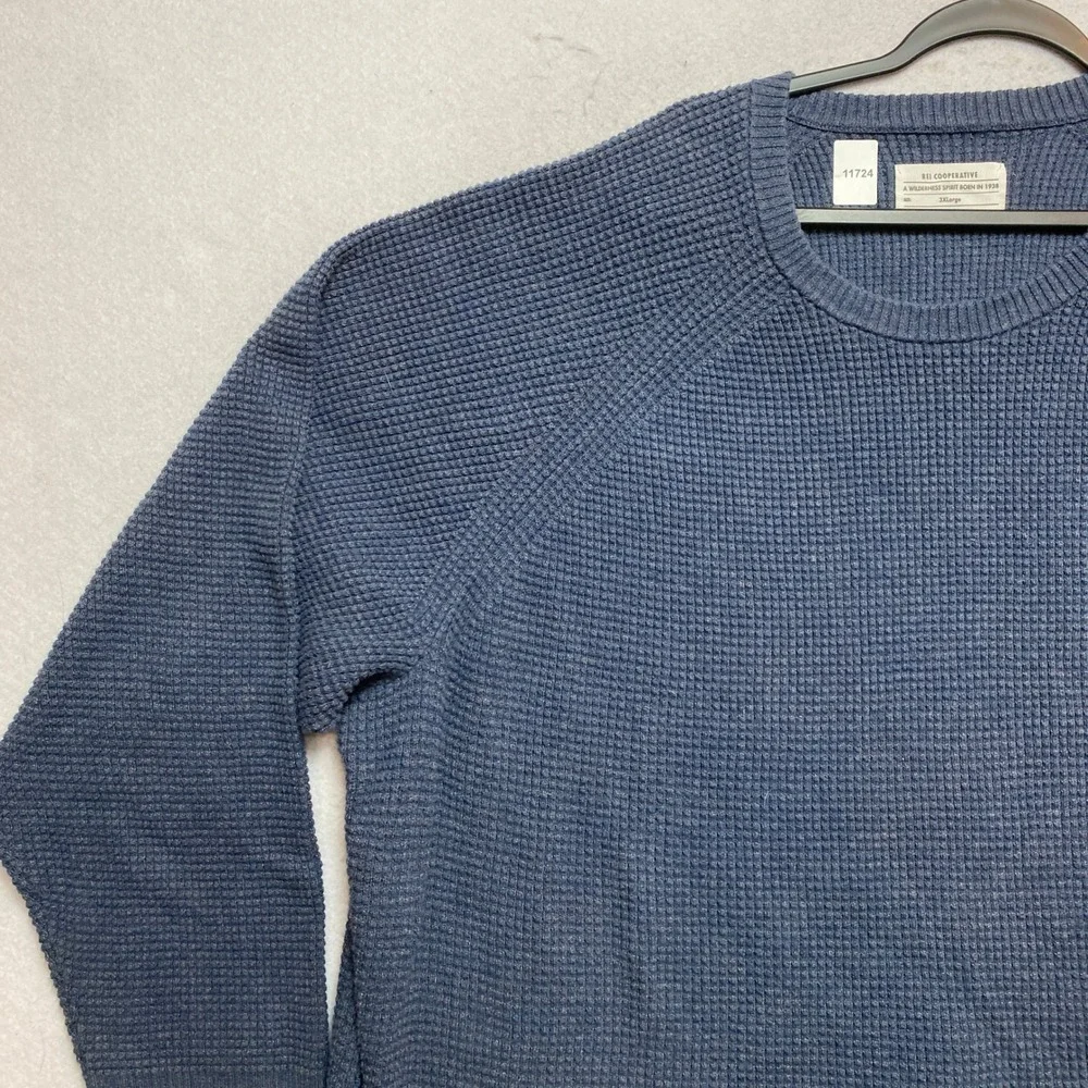 REI Co-op Sweater Mens 3XL Blue Waffle Knit Cotton Raglan Crewneck Pullover